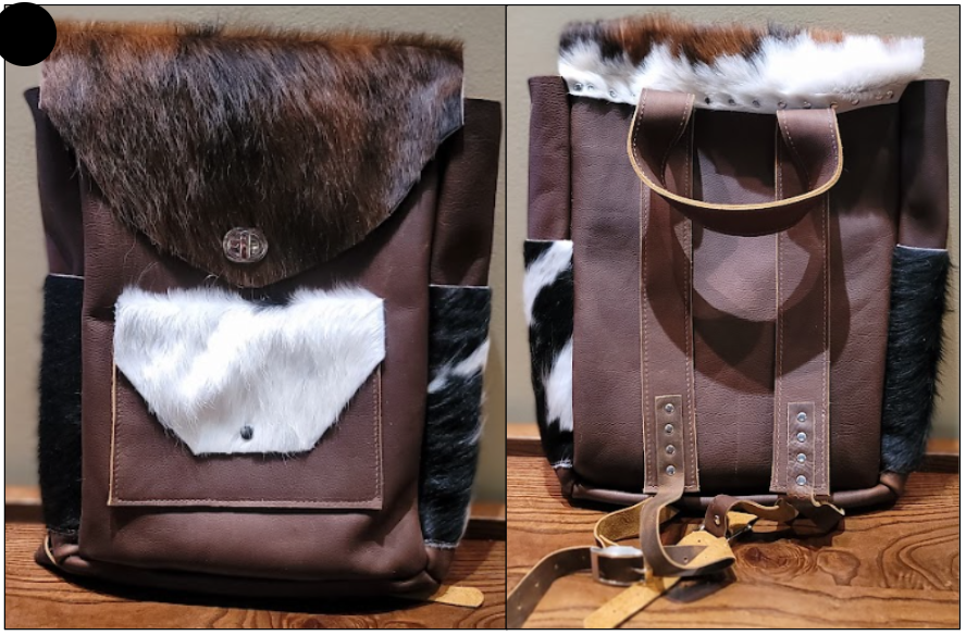 handmade leather white cow fur brown bookbag backpack bbk