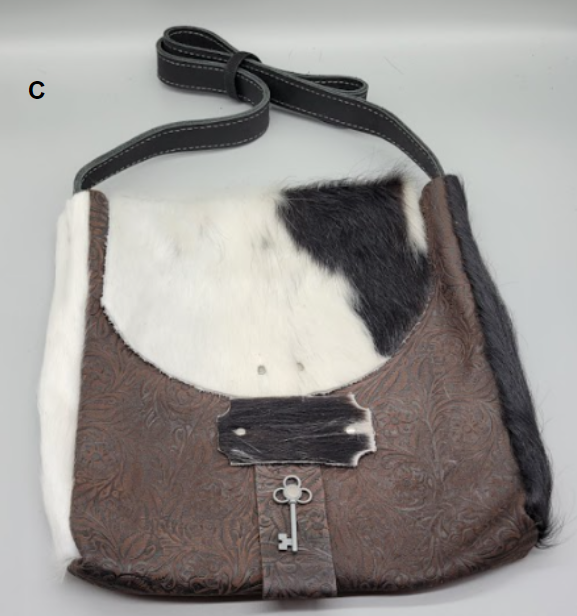 handmade leather embossed brown and cow fur crossbody satchel bbk