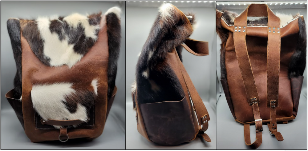 handmade leather brown and cow fur bookbag backpack duffle bbk
