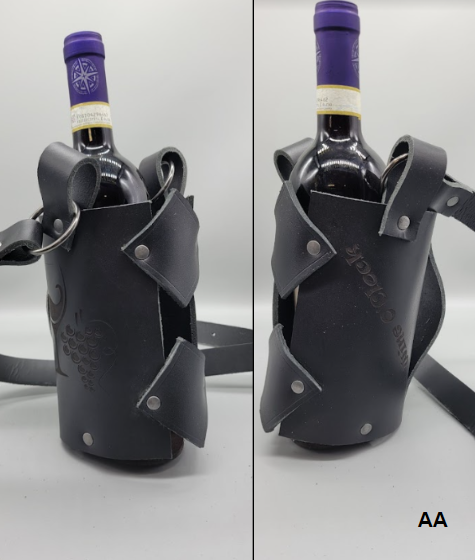 Handmade leather wine carrier black AA bbk