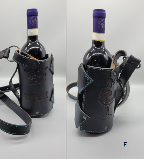 Black handmade leather wine carrier F bbk