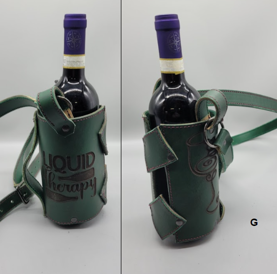 Green handmade leather wine carrier G bbk