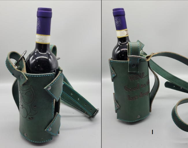 Green leather handmade wine carrier I bbk