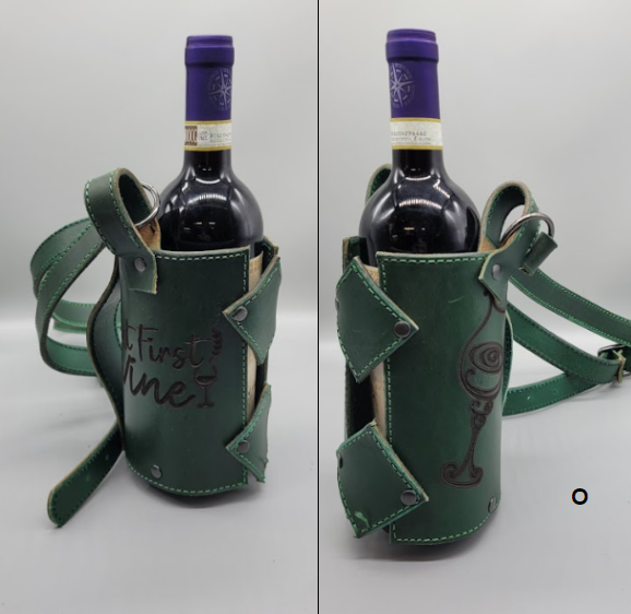 Green leather handmade wine carrier O bbk