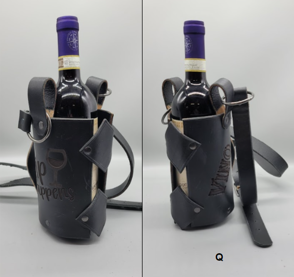 Black handmade leather wine carrier Q bbk