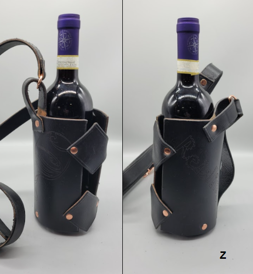 Black leather handmade wine carrier Z bbk